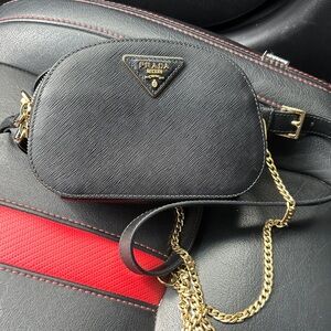 Prada Black Saffiano Leather Odette Mini Crossbody with Gold Chain